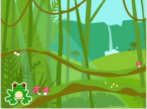 L’interface d’un jeu est un champ. Dans le coin inférieur gauche de l’écran se trouve une grenouille à côté de deux champignons. A l’extrême droite de l’écran se trouve un autre champignon.