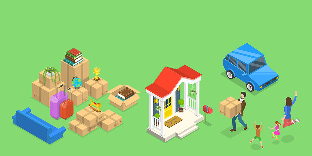 A drawing that represents a move.There are boxes, a sofa, suitcases, the entrance to a house, a car, and a family.